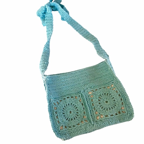Handmade Handbags - Handmade Crochet Crossbody Shoulder Bag Aqua Blue Boho Festival